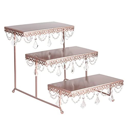  AMALFI DEECOR Amalfi Decor 3 Tier Dessert Cupcake Stand, Pastry Candy Cake Cookie Serving Platter for Wedding Event Birthday Party, Rectangular Metal Plate Tower Tray Holder with Crystals, Gold