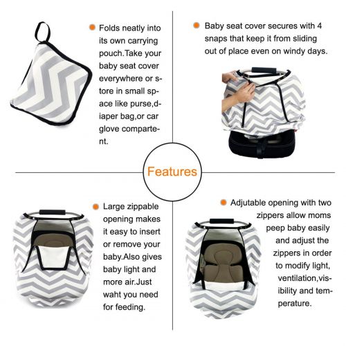  AMAZLINEN Stretchy Baby Car Seat Covers for Boys Girls, Infant Car Canopy for Spring Autumn Winter,Snug Warm Breathable Windproof, Zipped Peep Window,Universal Fit, Grey White Chevron -Paten