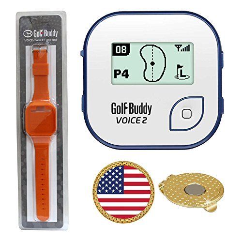  AMBA7 GolfBuddy Voice 2 Golf GPSRangefinder (40k+ Preloaded Worldwide Courses) Bundle with Wrist Band and Magnetic Hat Clip Ball Marker (USA Flag)