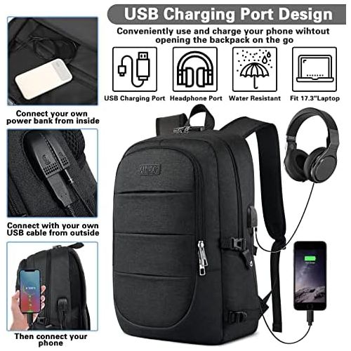  [아마존베스트]AMBOR Travel Laptop Backpack, Anti Theft Business Laptop Backpack with USB Charging Port and Headphone Interface fits Under 17.3 Laptop, for College Student Work Men & Women