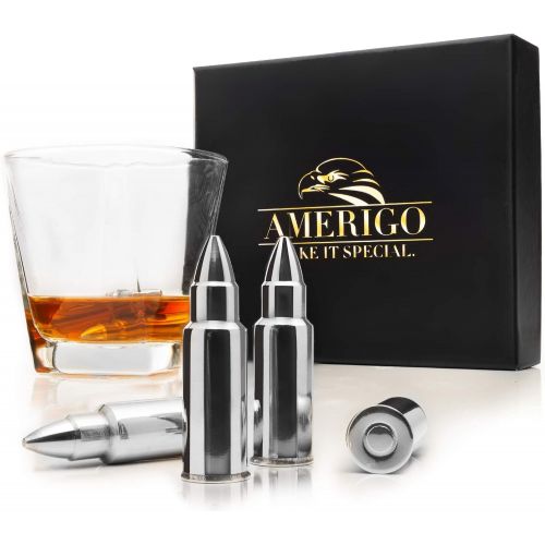  [아마존베스트]Amerigo Whiskey Stones Bullets with High Cooling Technology - Stainless Steel Whiskey Bullets - Reusable Ice cubes - Best Gift for Men - Set of 6 Whiskey Ice Cubes + Ice Tongs - Whiskey St