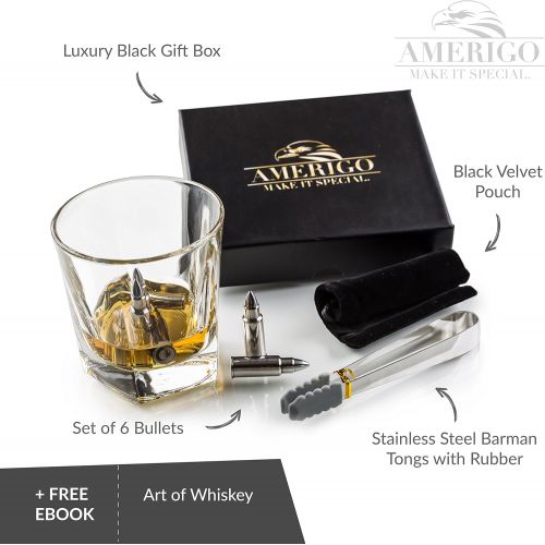  [아마존베스트]Amerigo Whiskey Stones Bullets with High Cooling Technology - Stainless Steel Whiskey Bullets - Reusable Ice cubes - Best Gift for Men - Set of 6 Whiskey Ice Cubes + Ice Tongs - Whiskey St