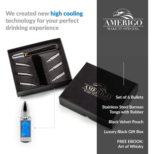  [아마존베스트]Amerigo Whiskey Stones Bullets with High Cooling Technology - Stainless Steel Whiskey Bullets - Reusable Ice cubes - Best Gift for Men - Set of 6 Whiskey Ice Cubes + Ice Tongs - Whiskey St