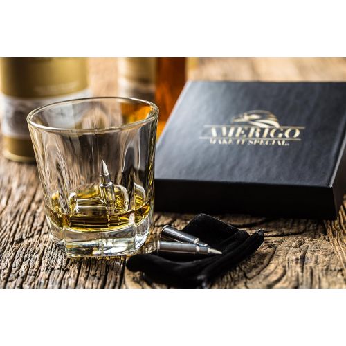  [아마존베스트]Amerigo Whiskey Stones Bullets with High Cooling Technology - Stainless Steel Whiskey Bullets - Reusable Ice cubes - Best Gift for Men - Set of 6 Whiskey Ice Cubes + Ice Tongs - Whiskey St