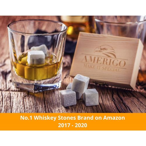  [아마존베스트]Amerigo Premium Whiskey Stones Gift Set - Water Down Your Whisky? Never Again! Set of 9 Whiskey Rocks - Ice Cubes Reusable in Exclusive Wooden Gift Set - Whiskey Gifts for Man - Chilling S