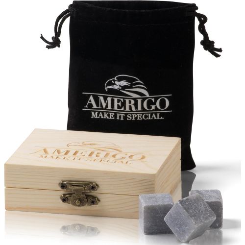  [아마존베스트]Amerigo Premium Whiskey Stones Gift Set - Water Down Your Whisky? Never Again! Set of 9 Whiskey Rocks - Ice Cubes Reusable in Exclusive Wooden Gift Set - Whiskey Gifts for Man - Chilling S