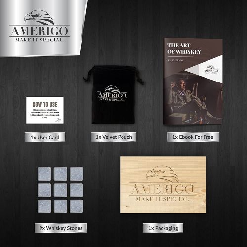  [아마존베스트]Amerigo Premium Whiskey Stones Gift Set - Water Down Your Whisky? Never Again! Set of 9 Whiskey Rocks - Ice Cubes Reusable in Exclusive Wooden Gift Set - Whiskey Gifts for Man - Chilling S