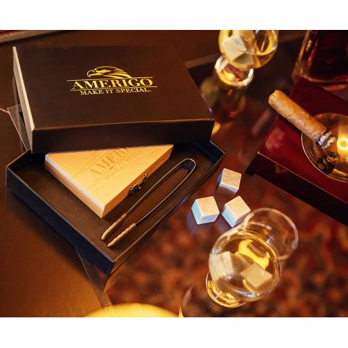  [아마존베스트]Amerigo Luxury Whiskey Stones Gift Set - Set of 9 Whiskey Rocks - Reusable Ice Cubes for Drinks - Great Whiskey Gift for Man - Handcrafted Whisky Stones Set - Chilling Stones + Ice Tongs +