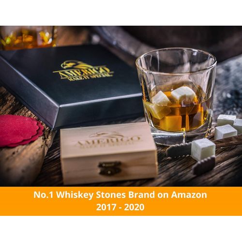  [아마존베스트]Amerigo Luxury Whiskey Stones Gift Set - Set of 9 Whiskey Rocks - Reusable Ice Cubes for Drinks - Great Whiskey Gift for Man - Handcrafted Whisky Stones Set - Chilling Stones + Ice Tongs +