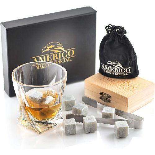  [아마존베스트]Amerigo Luxury Whiskey Stones Gift Set - Set of 9 Whiskey Rocks - Reusable Ice Cubes for Drinks - Great Whiskey Gift for Man - Handcrafted Whisky Stones Set - Chilling Stones + Ice Tongs +