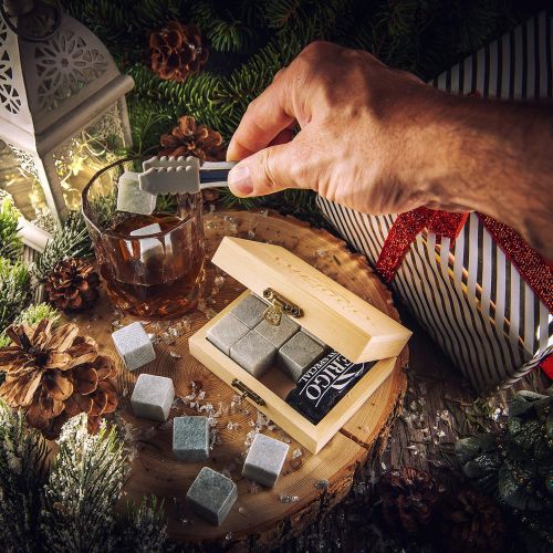  [아마존베스트]Amerigo Luxury Whiskey Stones Gift Set - Set of 9 Whiskey Rocks - Reusable Ice Cubes for Drinks - Great Whiskey Gift for Man - Handcrafted Whisky Stones Set - Chilling Stones + Ice Tongs +