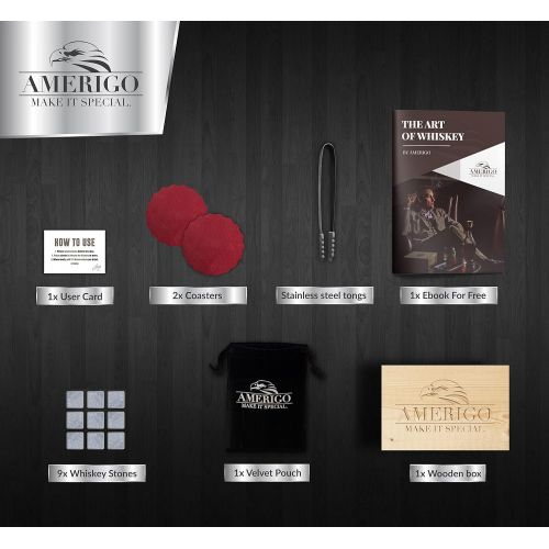  [아마존베스트]Amerigo Luxury Whiskey Stones Gift Set - Set of 9 Whiskey Rocks - Reusable Ice Cubes for Drinks - Great Whiskey Gift for Man - Handcrafted Whisky Stones Set - Chilling Stones + Ice Tongs +