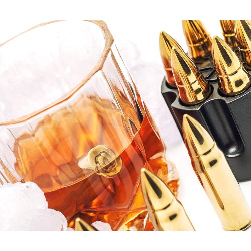  [아마존베스트]Amerigo Whiskey Stones Bullets with Base - Gold XL Whiskey Ice Cubes Reusable - Cool Gifts for Men - Set of 6 Whiskey Bullets Stainless Steel in Revolver Base - Chilling Whiskey Rocks Gift
