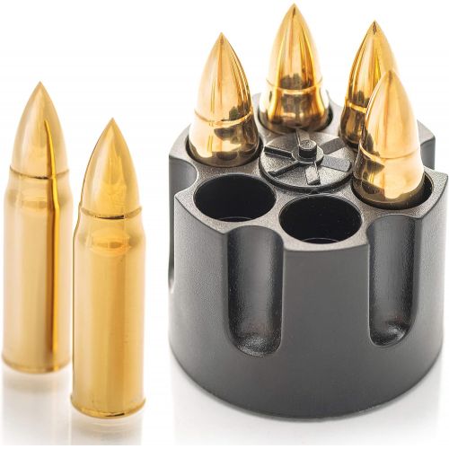  [아마존베스트]Amerigo Whiskey Stones Bullets with Base - Gold XL Whiskey Ice Cubes Reusable - Cool Gifts for Men - Set of 6 Whiskey Bullets Stainless Steel in Revolver Base - Chilling Whiskey Rocks Gift