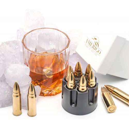  [아마존베스트]Amerigo Whiskey Stones Bullets with Base - Gold XL Whiskey Ice Cubes Reusable - Cool Gifts for Men - Set of 6 Whiskey Bullets Stainless Steel in Revolver Base - Chilling Whiskey Rocks Gift