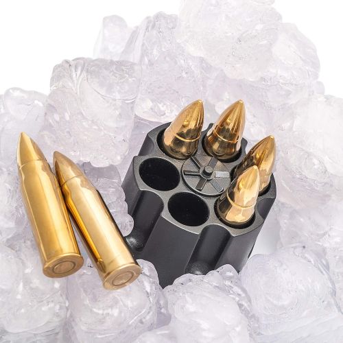  [아마존베스트]Amerigo Whiskey Stones Bullets with Base - Gold XL Whiskey Ice Cubes Reusable - Cool Gifts for Men - Set of 6 Whiskey Bullets Stainless Steel in Revolver Base - Chilling Whiskey Rocks Gift