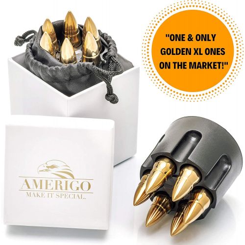  [아마존베스트]Amerigo Whiskey Stones Bullets with Base - Gold XL Whiskey Ice Cubes Reusable - Cool Gifts for Men - Set of 6 Whiskey Bullets Stainless Steel in Revolver Base - Chilling Whiskey Rocks Gift