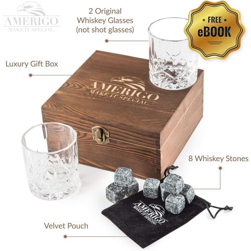  [아마존베스트]AMERIGO MAKE IT SPECIAL Impressive Whiskey Stones Gift Set with 2 Glasses - Be Different When Choosing a Gift - Luxury Handmade Box with 8 Granite Whisky Rocks & Velvet Bag - Ice Cubes Reusable - Best Man