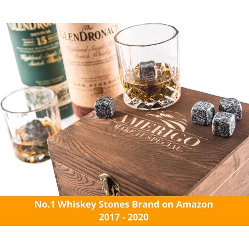  [아마존베스트]AMERIGO MAKE IT SPECIAL Impressive Whiskey Stones Gift Set with 2 Glasses - Be Different When Choosing a Gift - Luxury Handmade Box with 8 Granite Whisky Rocks & Velvet Bag - Ice Cubes Reusable - Best Man