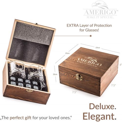  [아마존베스트]AMERIGO MAKE IT SPECIAL Impressive Whiskey Stones Gift Set with 2 Glasses - Be Different When Choosing a Gift - Luxury Handmade Box with 8 Granite Whisky Rocks & Velvet Bag - Ice Cubes Reusable - Best Man