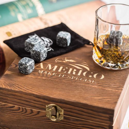  [아마존베스트]AMERIGO MAKE IT SPECIAL Impressive Whiskey Stones Gift Set with 2 Glasses - Be Different When Choosing a Gift - Luxury Handmade Box with 8 Granite Whisky Rocks & Velvet Bag - Ice Cubes Reusable - Best Man