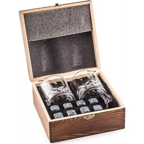  [아마존베스트]AMERIGO MAKE IT SPECIAL Impressive Whiskey Stones Gift Set with 2 Glasses - Be Different When Choosing a Gift - Luxury Handmade Box with 8 Granite Whisky Rocks & Velvet Bag - Ice Cubes Reusable - Best Man