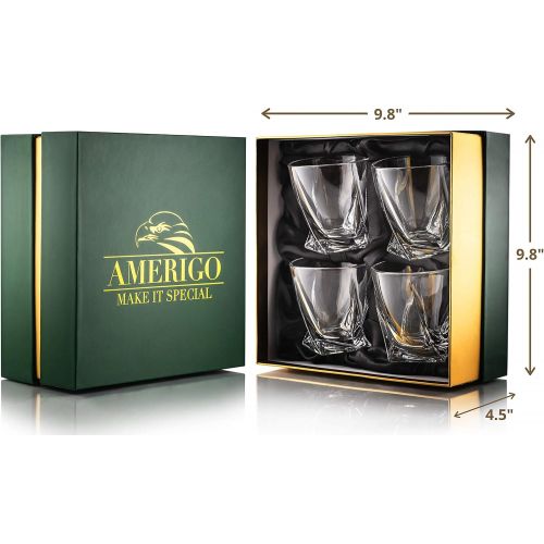  [아마존베스트]AMERIGO MAKE IT SPECIAL Amerigo Premium Whiskey Glass Set of 4 in Luxury Gift Box - Twist Whiskey Glasses 10oz for Scotch, Bourbon & Old Fashioned Cocktails - Whisky Gift for Men - Glass Tumblers - Father
