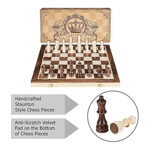  AMEROUS 15 Inches Magnetic Wooden Chess Set - 2 Extra Queens - Folding Board - Pieces Storage Slots, Handmade Portable Travel Chess Game - Beginner Chess Set for Kids, 6 up Age