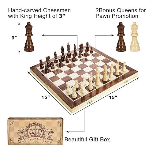  AMEROUS 15 Inches Magnetic Wooden Chess Set - 2 Extra Queens - Folding Board - Pieces Storage Slots, Handmade Portable Travel Chess Game - Beginner Chess Set for Kids, 6 up Age