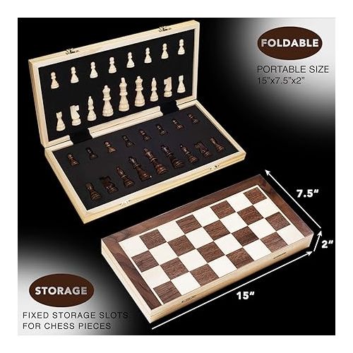  AMEROUS 15 Inches Magnetic Wooden Chess Set - 2 Extra Queens - Folding Board - Pieces Storage Slots, Handmade Portable Travel Chess Game - Beginner Chess Set for Kids, 6 up Age