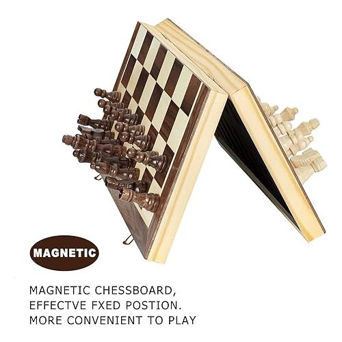  AMEROUS 15 Inches Magnetic Wooden Chess Set - 2 Extra Queens - Folding Board - Pieces Storage Slots, Handmade Portable Travel Chess Game - Beginner Chess Set for Kids, 6 up Age