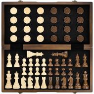 AMEROUS Magnetic Wooden Chess and Checkers Game Set, 15 Inches (2 in 1) Chess Board Games, 2 Extra Queens - Gift Package - Game Pieces Storage Slots, Beginner Chess Set for Kids, Adults