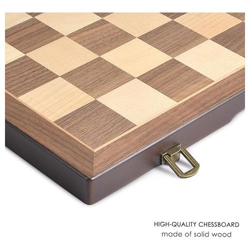  AMEROUS Magnetic Wooden Chess and Checkers Game Set, 15 Inches (2 in 1) Chess Board Games, 2 Extra Queens - Gift Package - Game Pieces Storage Slots, Beginner Chess Set for Kids, Adults