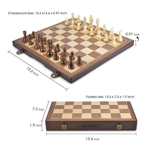  AMEROUS Magnetic Wooden Chess and Checkers Game Set, 15 Inches (2 in 1) Chess Board Games, 2 Extra Queens - Gift Package - Game Pieces Storage Slots, Beginner Chess Set for Kids, Adults