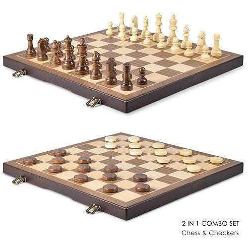  AMEROUS Magnetic Wooden Chess and Checkers Game Set, 15 Inches (2 in 1) Chess Board Games, 2 Extra Queens - Gift Package - Game Pieces Storage Slots, Beginner Chess Set for Kids, Adults