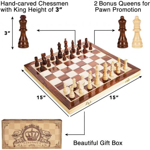  [아마존 핫딜]  [아마존핫딜]AMEROUS Amerous 15 Inches Magnetic Wooden Chess Set - 2 Extra Queens - Folding Board, Handmade Portable Travel Chess Board Game Sets with Game Pieces Storage Slots - Beginner Chess Set for