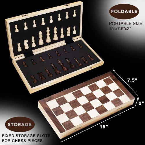  [아마존 핫딜]  [아마존핫딜]AMEROUS Amerous 15 Inches Magnetic Wooden Chess Set - 2 Extra Queens - Folding Board, Handmade Portable Travel Chess Board Game Sets with Game Pieces Storage Slots - Beginner Chess Set for