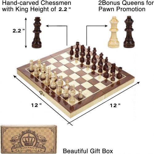  [아마존 핫딜]  [아마존핫딜]AMEROUS Amerous 12 x 12 Magnetic Wooden Chess Set for Adults and Kids, 2 Bonus Extra Queens, Folding Board with Storage Slots, Handmade Chess Pieces, Portable Travel Chess Board Game Sets,