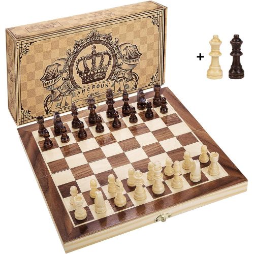  [아마존 핫딜]  [아마존핫딜]AMEROUS Amerous 12 x 12 Magnetic Wooden Chess Set for Adults and Kids, 2 Bonus Extra Queens, Folding Board with Storage Slots, Handmade Chess Pieces, Portable Travel Chess Board Game Sets,