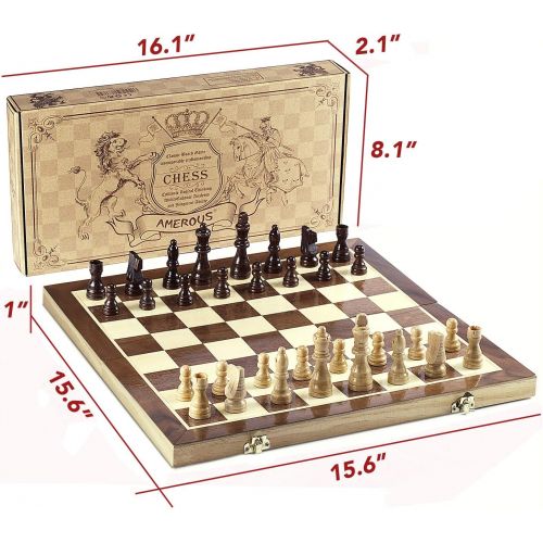  [아마존핫딜][아마존 핫딜] AMEROUS Chess Set, 15x15 Folding Magnetic Wooden Standard Chess Game Board Set with Wooden Crafted Pieces and Chessmen Storage Slots