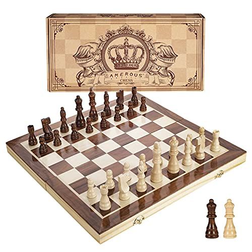  [아마존베스트]Amerous 15 Inches Magnetic Wooden Chess Set - 2 Extra Queens - Folding Board, Handmade Portable Travel Chess Board Game Sets with Game Pieces Storage Slots - Beginner Chess Set for