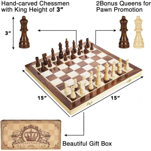 [아마존베스트]Amerous 15 Inches Magnetic Wooden Chess Set - 2 Extra Queens - Folding Board, Handmade Portable Travel Chess Board Game Sets with Game Pieces Storage Slots - Beginner Chess Set for