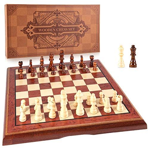  [아마존베스트]AMEROUS 15 Magnetic Wooden Chess Set -Folding Board -2 Extra Queens -Chessmen Storage Slots -Gift Package, Travel Chess Board Game Sets, Chess Rules for Beginner - Chess Set for Ki