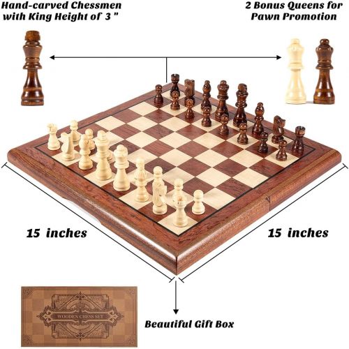  [아마존베스트]AMEROUS 15 Magnetic Wooden Chess Set -Folding Board -2 Extra Queens -Chessmen Storage Slots -Gift Package, Travel Chess Board Game Sets, Chess Rules for Beginner - Chess Set for Ki