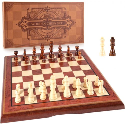  [아마존베스트]AMEROUS 15 Magnetic Wooden Chess Set -Folding Board -2 Extra Queens -Chessmen Storage Slots -Gift Package, Travel Chess Board Game Sets, Chess Rules for Beginner - Chess Set for Ki