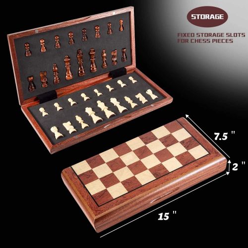  [아마존베스트]AMEROUS 15 Magnetic Wooden Chess Set -Folding Board -2 Extra Queens -Chessmen Storage Slots -Gift Package, Travel Chess Board Game Sets, Chess Rules for Beginner - Chess Set for Ki