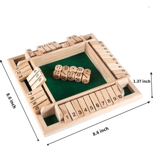  AMEROUS 1-4 Players Shut The Box Dice Game,Classic 4 Sided Wooden Board Game with 10 Dice and Shut-The-Box Instructions for Kids Adults, Classics Tabletop Version and Pub Board Gam