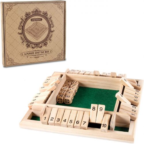  AMEROUS 1-4 Players Shut The Box Dice Game,Classic 4 Sided Wooden Board Game with 10 Dice and Shut-The-Box Instructions for Kids Adults, Classics Tabletop Version and Pub Board Gam