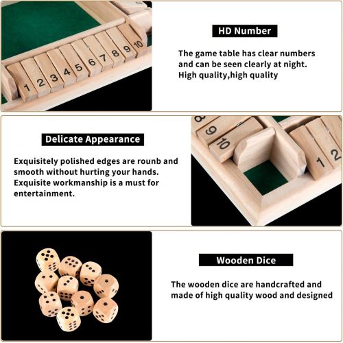  AMEROUS 1-4 Players Shut The Box Dice Game,Classic 4 Sided Wooden Board Game with 10 Dice and Shut-The-Box Instructions for Kids Adults, Classics Tabletop Version and Pub Board Gam