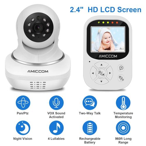  AMICCOM Baby Monitor, Video Baby Monitor 2.4 HD LCD Screen, Baby Monitors Camera Audio Night Vision,Support Multi Camera,ECO Mode,Two Way Talk Temperature Sensor,Built-in Lullabies Vision